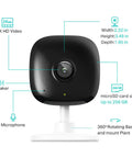 2K Plus Indoor Security Camera for Baby, Pets, Fam At Home with speaker, mic, microSD slot, 360° rotating base, dimensions shown
