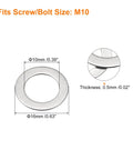 M10 Flat Washers 304 Stainless Steel 50 Pack Ultra Thin Heavy Duty Spacers 10X16X0.5Mm dimensions showing inner and outer diameter.