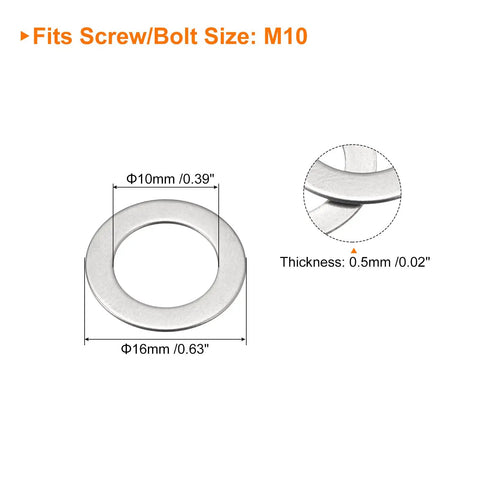 M10 Flat Washers 304 Stainless Steel 50 Pack Ultra Thin Heavy Duty Spacers 10X16X0.5Mm dimensions showing inner and outer diameter.