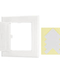Slick White Abs Plastic Drywall Access Panel Five By Five Inch Wall Hole Cover with open flap and adhesive tape.