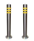 Rock Solid 32 Inch Stainless Steel Security Bollard 2 Pack with reflective tape for parking lot vehicle protection.