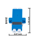 Blue personal computer component, front view with two white round connectors at bottom and a metal clip; 1.38 by 0.87 inches