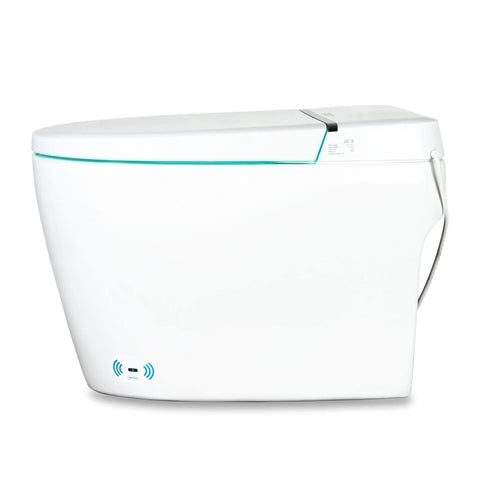 Next Level Tankless Smart Toilet With Auto Open Lid And Foot Kick Sensor Features sleek white design and electronic controls.