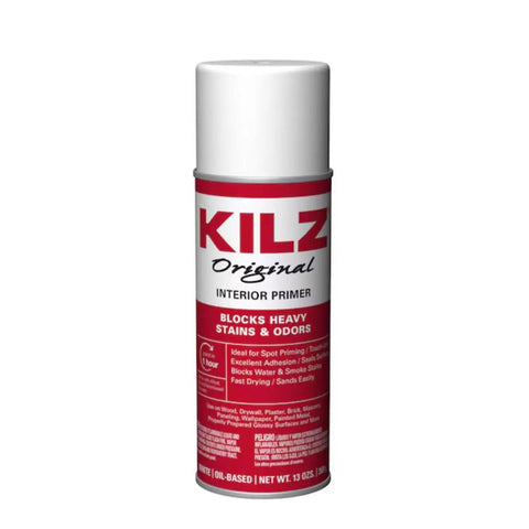 Oil Based Primer Spray White Flat 13 OZ Aerosol, single can close-up view with label details and brand name KILZ.