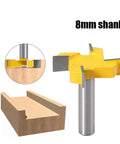 Heavy Duty 4 Edge T Slot Router Bit With An 8mm Shank for precision cutting and woodworking applications, showing detailed edges.