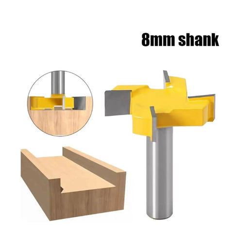 Heavy Duty 4 Edge T Slot Router Bit With An 8mm Shank for precision cutting and woodworking applications, showing detailed edges.
