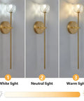 Mid Century Modern Gold Crystal Wall Sconce Set Of Two, Brushed Brass Long Tube Lighting, white, neutral, and warm light settings