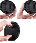 Two Pack 46mm Front Lens Cap With Deluxe Cap Keeper, Center Pinch Design in hand demo, Fits 46mm Filter Thread Lenses