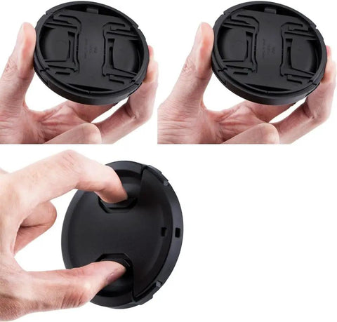 Two Pack 46mm Front Lens Cap With Deluxe Cap Keeper, Center Pinch Design in hand demo, Fits 46mm Filter Thread Lenses