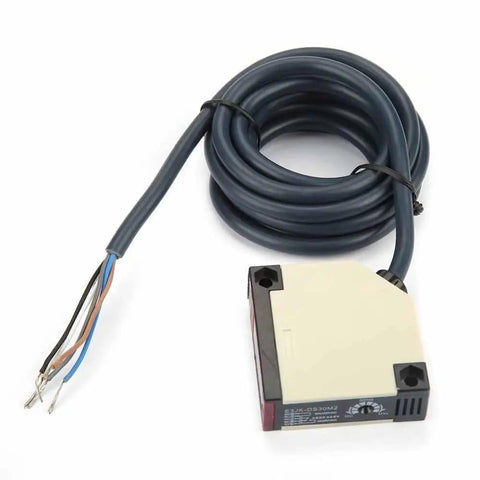 E3JK-DS30M2 Specular Diffuse Reflection Sensor Workhorse with 30 cm range, coiled cable, and exposed wires for industrial automation.
