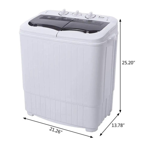 Zero Drama Portable Twin Tub Mini Washing Machine compact design with dimensions, suitable for dorms and RVs.