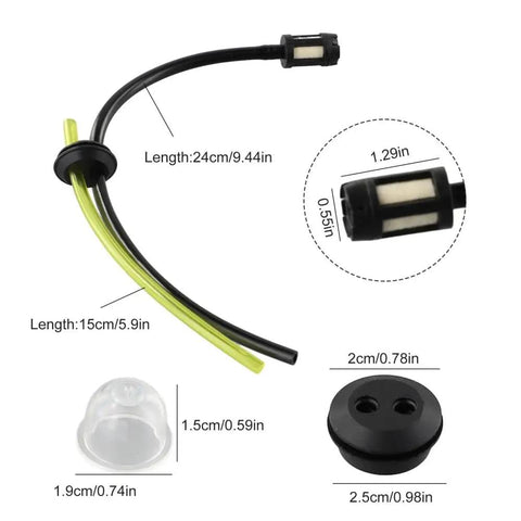 Top Tier Heavy Duty Fuel Line Kit Totally Fits Your Brush Cutter For Reliable Power And Smooth Sipping Of Gas No Leaks Or Glitches Ever. black and yellow fuel hose kit with filter and grommet, 24cm line shown