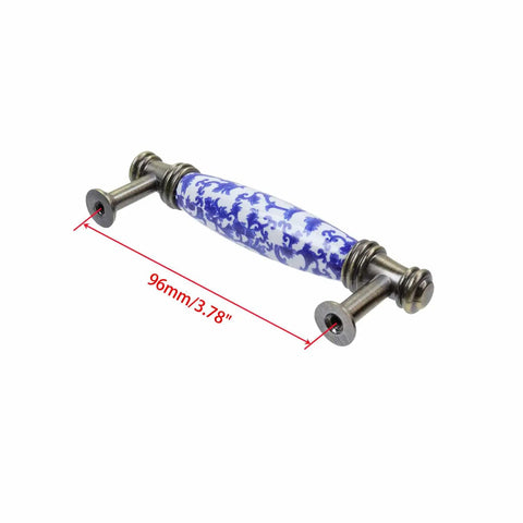 Vintage Blue Floral Ceramic Cabinet Pulls With Bronze Base Set Of 8 3.78 Inch Center Hole Drawer Handles For Kitchen Cabinets Doors Wardrobe And Bathroom close-up