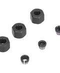 Six Pack 1/4 to 1/8 Collet Adapters for CNC Lathe, Router, and Milling Cutters kit with nuts shown, essentials for on the go jobs