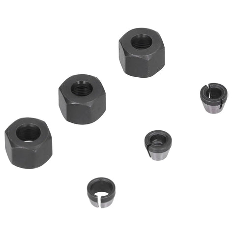 Six Pack 1/4 to 1/8 Collet Adapters for CNC Lathe, Router, and Milling Cutters kit with nuts shown, essentials for on the go jobs