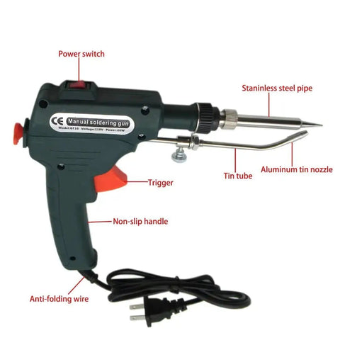 60W 110V Soldering Iron Kit For DIYers Pro Grade with labeled components including power switch and aluminum tin nozzle