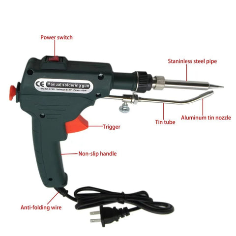 60W 110V Soldering Iron Kit with internal heat control showing labeled parts like stainless steel pipe and aluminum tin nozzle.