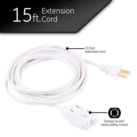 Three Outlet Extension Cord 15 Ft Power Strip 2 Pack White UL Listed With Twist To Close Safety Covers for indoor use
