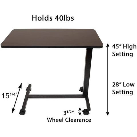 Rolling Overbed Table With Wheels for Bedside Sofa Recliner, adjustable height, walnut wood-grain top, weight limit 40 lbs