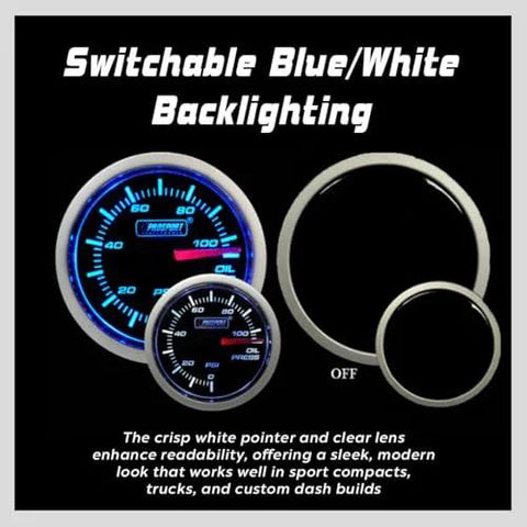 Prosport 52mm oil pressure gauge with blue/white LED backlighting and sender unit, front view