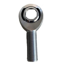 Pair Of Heavy Duty Chromoly Steel Rod Ends Featuring Precision Ground Male Heim Joints With Included Nuts For Drop In Suspension Builds And Knockaround Steering Repairs. Close-up view of male heim joint with steel threaded shaft.