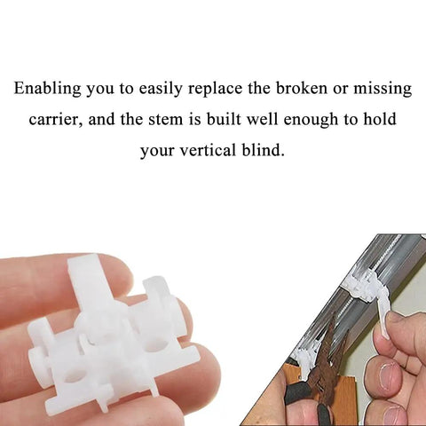 Workhorse Vertical Blind Repair Carrier With Stem 10 Pack White Replacement Parts For Window Blinds Heavy Duty Plastic Hardware close-up of repair clip in hand