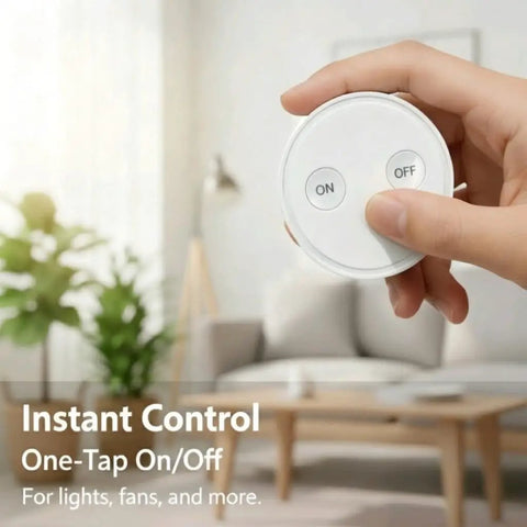 Hand holding Mini Remote Control Outlet Plug Adapter With 656ft Range Wireless Light Switch For Household Appliances No Hub Required 10A 1100W