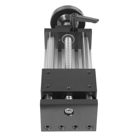 Beefy Manual Sliding Table Linear Rail Guide With Dual Optical Axis, 3.94 Inch Travel, Ball Screw Design, Manual Positioning Rail For CNC Machinery, 66 Lbs Load Capacity, Aluminum Construction For Heavy Duty Precision front view