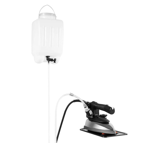 Pro Grade 1200W Electric Steam Iron with Gravity-Feed System and Large Water Tank for Quick Presses, displayed with hose attachment.