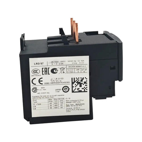 Thermal Overload Relay 1.6-2.5 A For LC1D Contactor Series With 1 NO And 1 NC Auxiliary, side view showing label and connectors