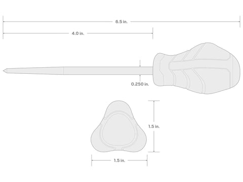 Diagram showing dimensions of Scratch And Punch Awl With High Torque Handle For Precise Marking And Punching In The Shop Beefy Heavy Duty Nonslip Grip Heat Treated 8650 Steel Blade Made In USA.