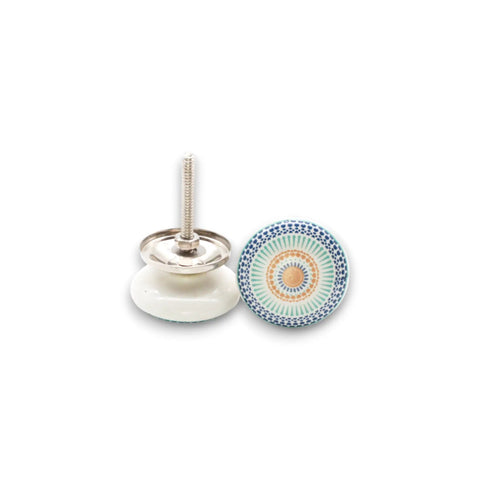 Pack Of Eight Vibrant Mandala Ceramic Cupboard Knobs 40mm Drawer Pulls With Washers showing colorful design and metal fixture.