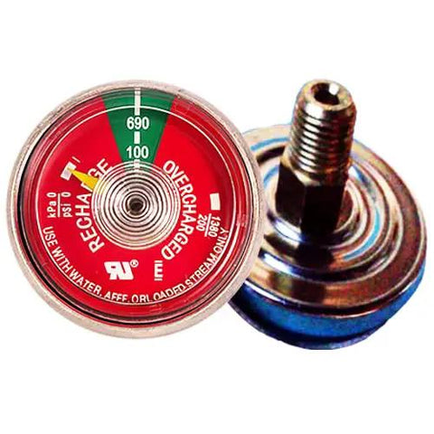 50 Pack 100 PSI UL Rated Stainless Steel Water Fire Extinguisher Gauge Heavy Duty Replacement showing red dial and threaded fitting.