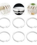 36 Pack Large Plastic Curtain Rings For Shower And Window Curtains With Smooth Glide Hooks in classic white, shown in use and detail.