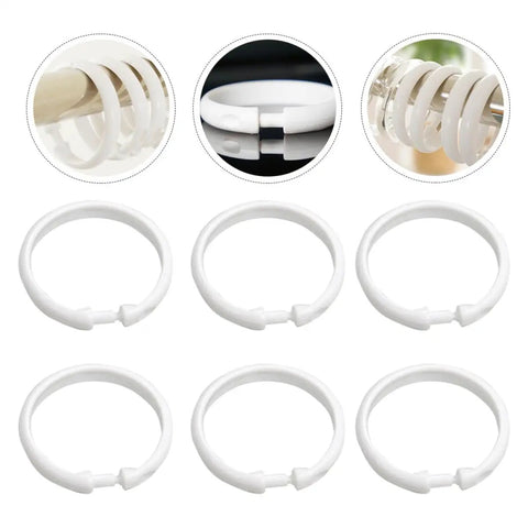 36 Pack Large Plastic Curtain Rings For Shower And Window Curtains With Smooth Glide Hooks in classic white, shown in use and detail.