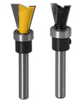 The Ultimate Dovetail Routing Knockout Featuring 1/4 Inch Shank Hard Alloy Bits with Precision Bearing Guide, two router bits with different colors.