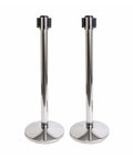 Rock Solid Stainless Steel Stanchion Pair With Snappy Retractable Polyester Cord For Crowd Calming Plus Line Forming At Bars Venues Using Totally Smooth Springless Damper Pushback System, chrome finish, stands side by side.