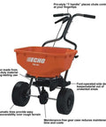 60 Lb Heavy Duty Spreader Workhorse for Lawn and Garden Use with Durable Black Finish and Wide Granular Seed Spreading Capacity Sturdy Metal Frame and Smooth Operation RB60 for Reliable Seasonal Lawn Care displayed with orange hopper and black pneumatic tires.