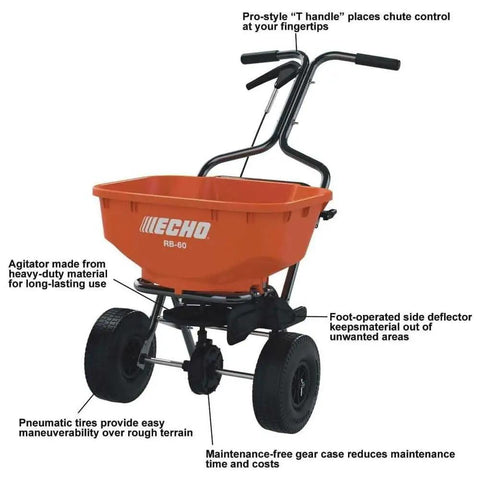60 Lb Heavy Duty Spreader Workhorse for Lawn and Garden Use with Durable Black Finish and Wide Granular Seed Spreading Capacity Sturdy Metal Frame and Smooth Operation RB60 for Reliable Seasonal Lawn Care displayed with orange hopper and black pneumatic tires.