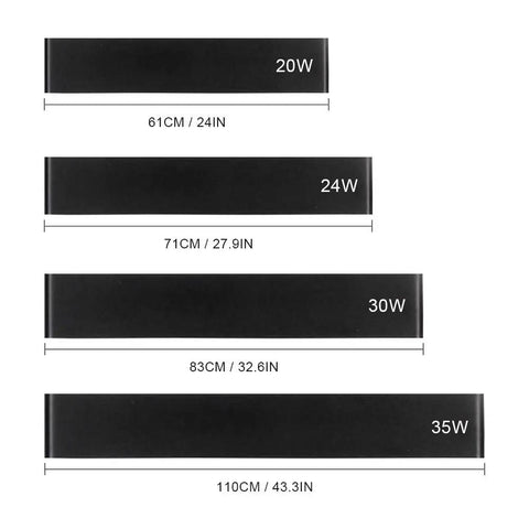Dimensions and wattage of black LED wall sconces, featuring 20W, 24W, 30W, and 35W options. Super Stylish 24 Inch Matte Black LED Wall Sconce For Bathroom Vanity With Warm White 2700K Light And Modern Design That Delivers Long Lasting High Quality Performance.