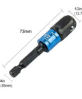 Grab These 3-Piece Drill Socket Adapter Sets With One-Quarter, Three-Eighth And Half Inch Hex Shank Extensions Perfect For Your Impact Wrench Driver Kit. 1/4in chrome vanadium steel drill socket adapter with 1/2in drive and ball lock