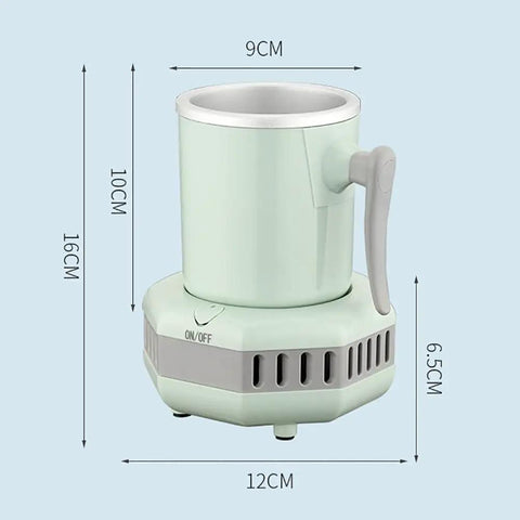 Portable Electric Drink Chiller With Aluminum Mug keeps your beverages ice cold, compact, mint green, dimensions 16x12cm.