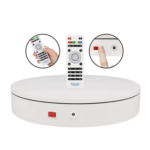 ComXim Motorized Turntable Remote Control Rotating Display Stand 360 Degree Platform with remote, power switch and disk surface.