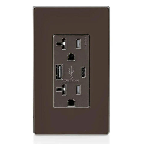 In Wall USB Charger With Type A And Type C Ports 20A Tamper Resistant Outlet Fast Charging For Phones And Tablets Built In Smart Chip Auto Adjusts Power Not For Laptops Brown Finish Home Upgrade