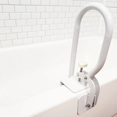 White Bathtub Rail With Wide Grip For Bathroom Safety, Shower Handle and Bathtub Bar Clamp attached to tub edge for seniors