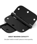 Close-up of 24 pack matte black door hinges 3.5 inch built tough heavy duty residential hinges with removable pin, five eighths inch radius