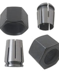 Upgraded Dual Size Collet Kit For Routers With 1/2 Inch And 1/4 Inch Collets Includes Parts 326286-03 And 326286-04 Compatible With Dewalt DW618B3 And MRC23EVSK Pro Grade Replacement Set For Quick Clean Cuts, showing four collet pieces on white background.