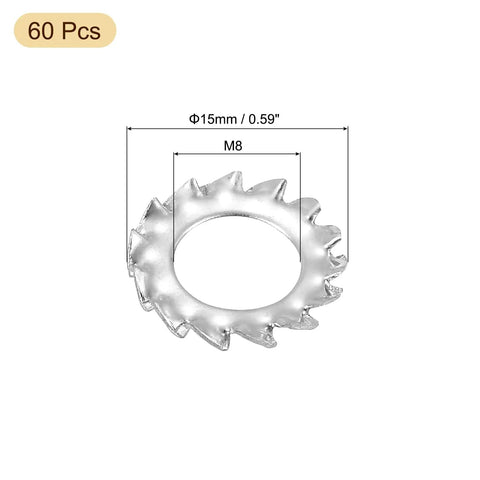 60 Pcs Heavy-Duty M8 External Serrated Washers, 304 Stainless Steel, 15mm outer diameter, bright silver finish