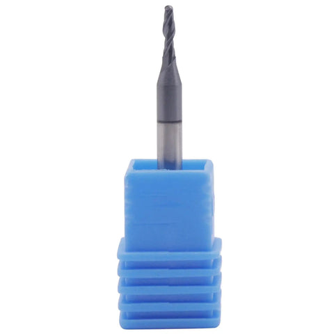 Five Pack Solid Carbide Ball Nose End Mills With AlTiN Coating, 2 Flute, 30 Degree Helix, 1/16 Inch Cutting Diameter in blue holder.