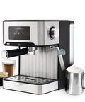 Electric Cappuccino Maker With Auto Milk Frother Stainless Steel Build And Removable Water Tank Safety Pressure Valve Plus Easy Clean Drip Tray, side view with coffee cups.